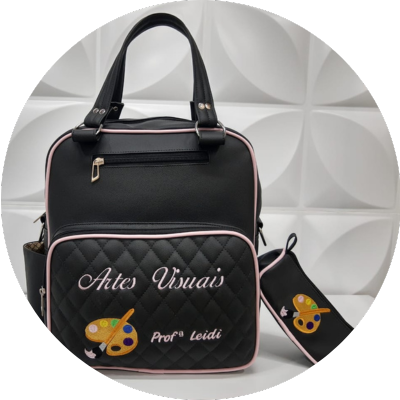 Kit Bolsa/Mochila e Estojo Universitário Personalizado Curso Artes Visuais Preta/Rosa Bebê - Coutre Bolsas