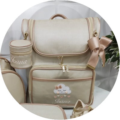 Kit Bolsa Maternidade M, Mochila e Capa Vacina Duna Marfim/Ouro Rosa Chuva de Amor - Coutre Bolsas