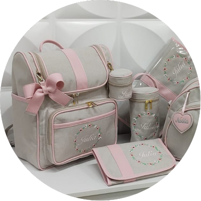 Kit Bolsa Maternidade 6 peças Linho Creme com Rosa Bebê