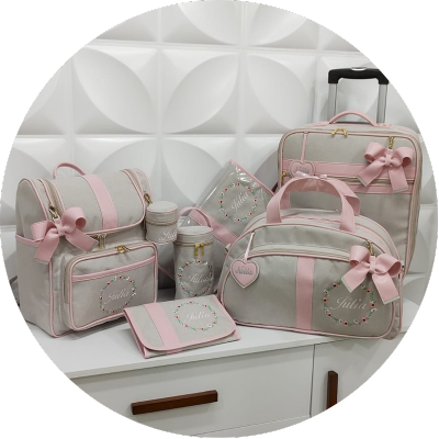 Kit Bolsa Maternidade 6 peças Linho Creme com Rosa Bebê