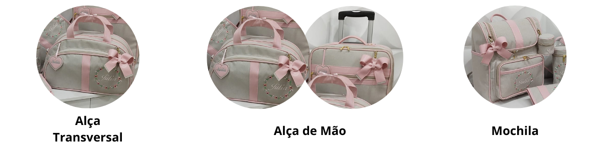 Kit Bolsa Maternidade 6 peças Linho Creme com Rosa Bebê