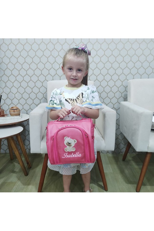 Lancheira Térmica Escolar Pink Personalizada Ursa Coutre