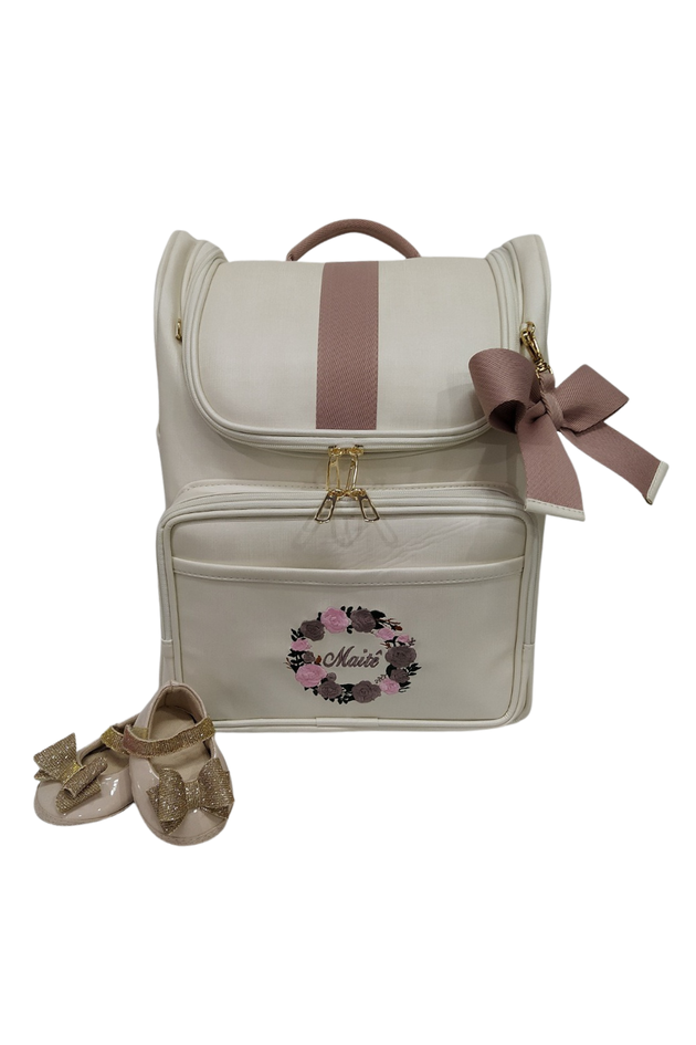 Mochila Maternidade Menina Duna Off White com Fita Rose Personalizada com Nome - Coutre Bolsas