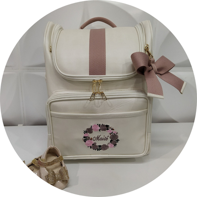Mochila Maternidade Menina Duna Off White com Fita Rose Personalizada com Nome - Coutre Bolsas