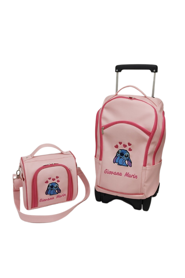 Kit Mochila Escolar de Rodinhas e Lancheira Térmica Personagem Rosa/Pink - Coutre Bolsas